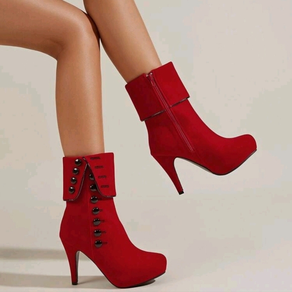 Red Women's High Heel Short Boots, Fashion Platform Thick Bottom Round Toe Heel - Picture 1 of 5